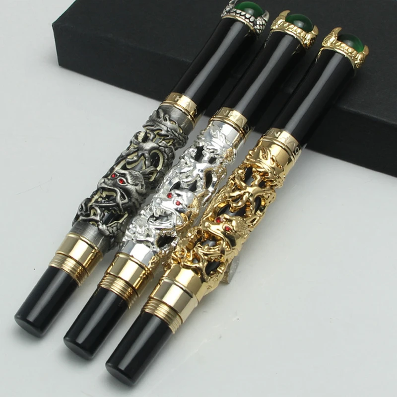 JINHAO Dragon King Vintage Rollerball Pen, Green/Red Jewelry Metal Embossing , Noble Silver/Gold /Gray Gift Pens