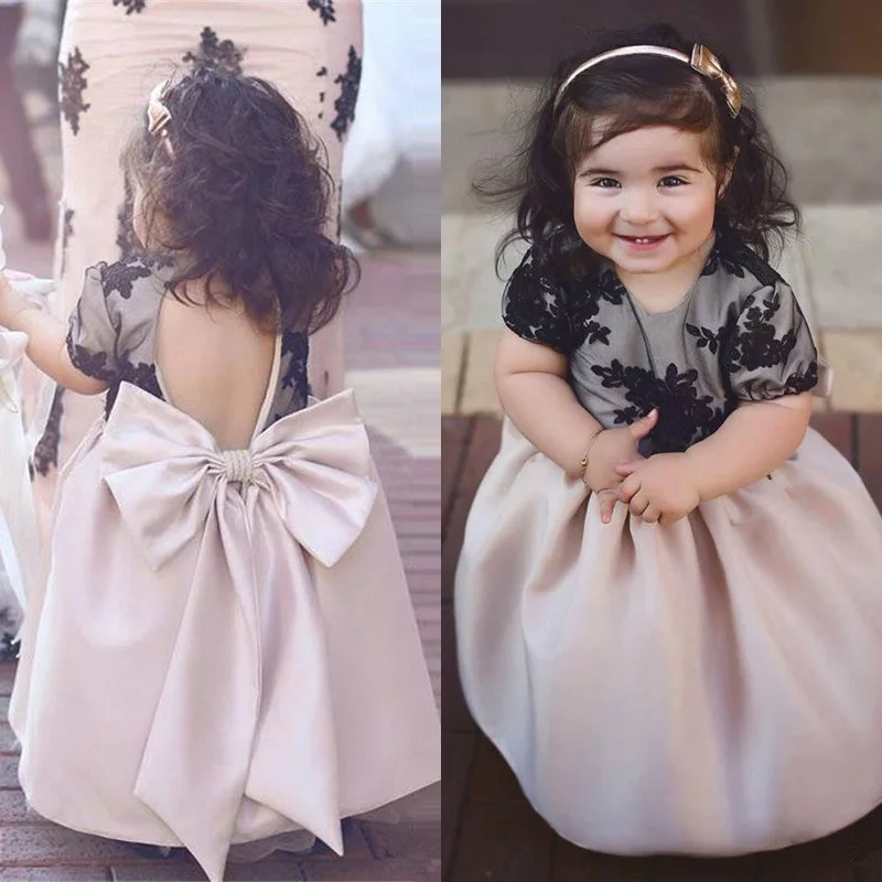 Lace Satin Baby Kids Flower Girls Dresses Ankle Length First Communion Short Sleeve Backless For Girl Big Bow Prom Princess Gown