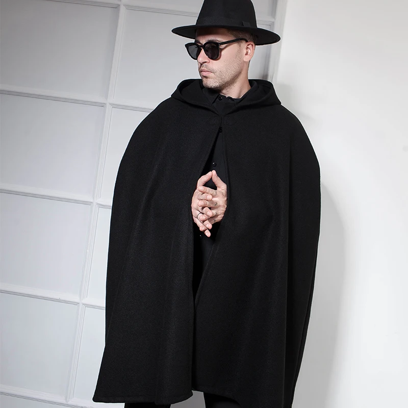 European and American trendy men's nightclub DS long black fringed hooded bat shirt cape cloak male dark wizard