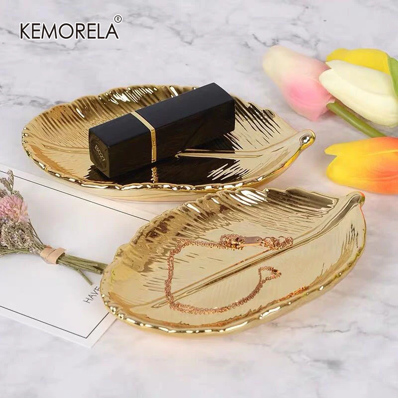 Decorative Gold Leaf Ceramic Plate Dish Porcelain Candy Trinket Dish Jewelry Fruit Serving Tray Storage Plate Crockery Tableware