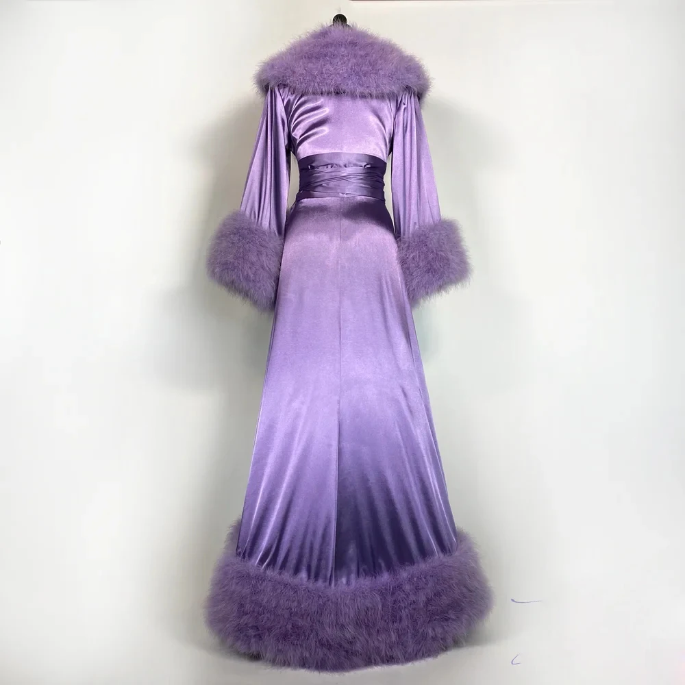 Albornoz Morado para mujer, vestidos de noche, camisón de seda elástica con plumas, ropa de dormir, lencería, vestidos de ocasión, chal