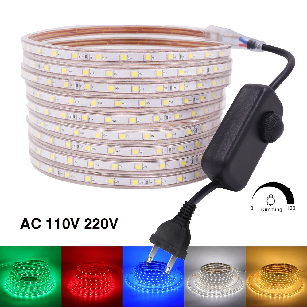 

220V 110V Dimmable LED Strip Waterproof 5050 60LEDs/m Flexible LED Ribbon Tape EU US Plug White/Warm White/Red/Green/Blue/Yellow