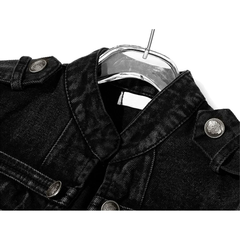 Streetwear Casual Loose Button Split Short Denim Jacket Women Fashion Spring Autumn 2024 Stand Collar Long Sleeve Jean Jacket