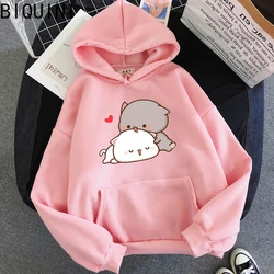 Peach Cat-sudaderas con capucha Kawaii de talla grande para mujer, sudadera cálida Harajuku de gran tamaño, jerséis con estampado de dibujos animados para invierno, ropa informal suelta