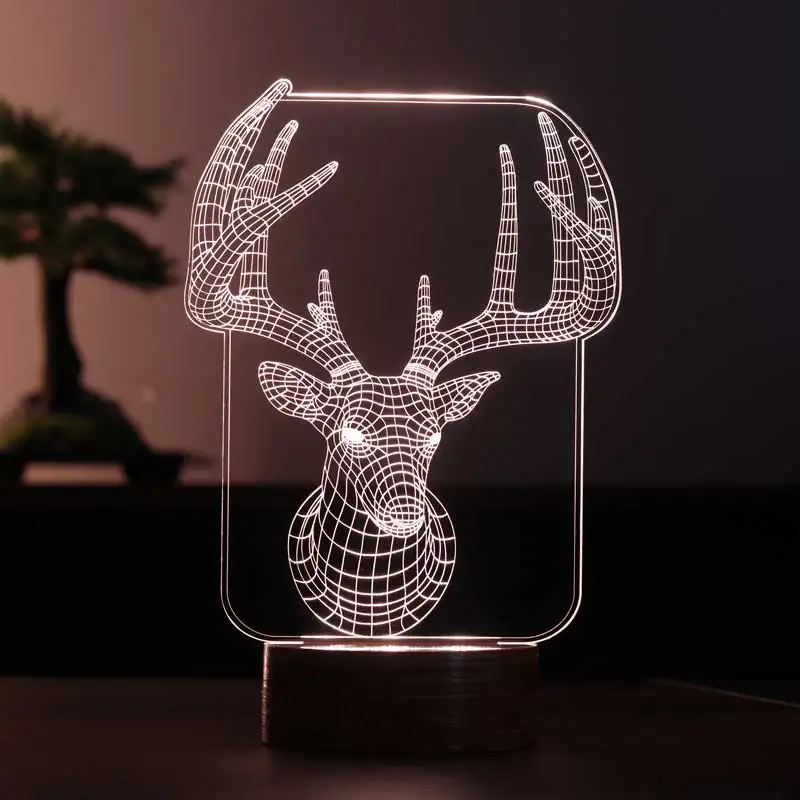 Deer Frame 3D Illusion Acrylic Night Light 12 Volt Adapter Daylight Design Wood Base Gift for Animal Lovers Party Decoration Room Decor Anime Wedding Stranger Things Led Lights Wedding Decoration Nightlights Bedroom