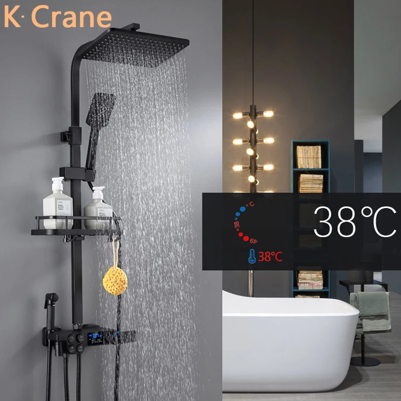 

Digital Display Shower System Bathroom Hot and Cold Mixer Faucet Wall Mounted Thermostatic Rainfall Shower Set Modern Black Bath