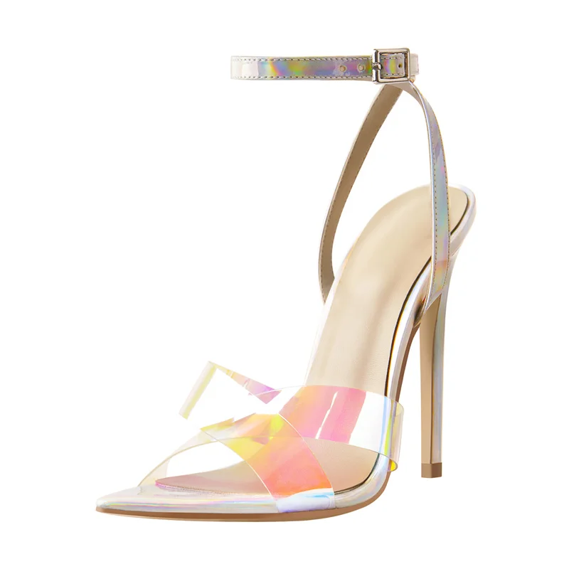 

Richealnana Summer Pointed Toe Stiletto High Heel Sandals Multicolor Ankle Buckle Cross-Tied PVC Shoes Casual Fashion