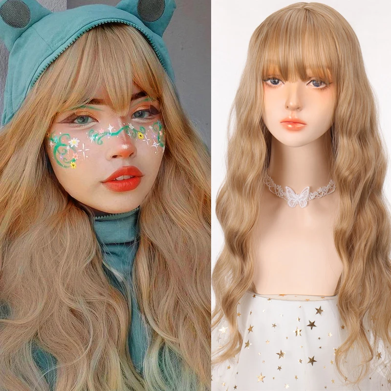 LANLAN Long Gold Women Hair Wigs with Bangs Heat Resistant Synthetic Curly Wigs for Women Cosplay Party