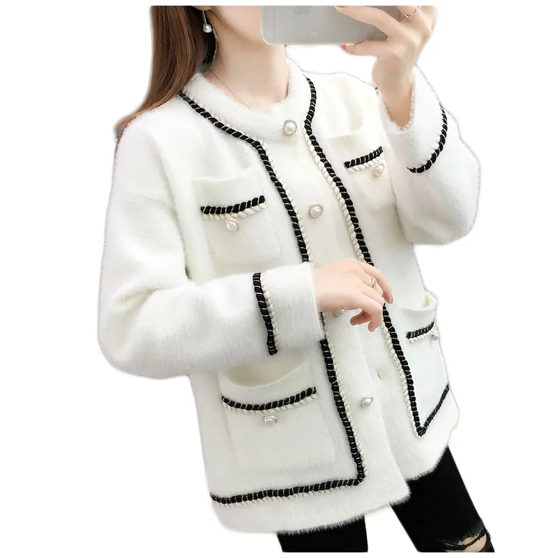 Short Jacket Women Shaggy Coat Autumn Cardigan Knit Sweater Female Tops Imitation Mink Velvet Single-Breasted Casual Outerwear