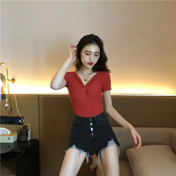 Loose slim web celebrity plain V neck short sleeve T-shirt cross knotted thin jumper sweater