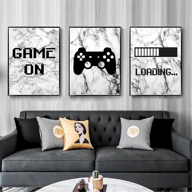 Game Loading Wall Posters Canvas Paintings Gamepad Print on Marbles Pictures for Children Kids Play Room Decoration Frameless