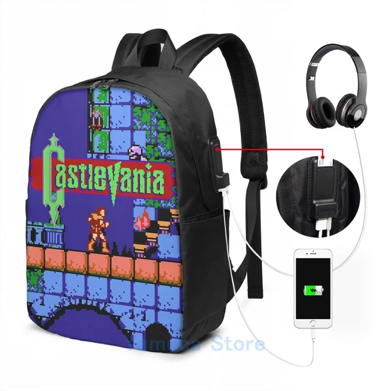 Funny Graphic print Castlevania (NES) USB Charge Backpack men School bags Women bag Travel laptop bag