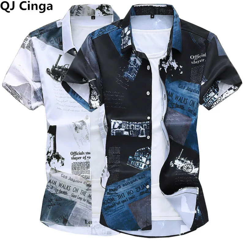 Summer New White Blue Short Sleeve Printed Shirt, Men\'s Fashion Casual Shirts, Asian Size Fashion Casual Tops Camisa S-5XL 6XL