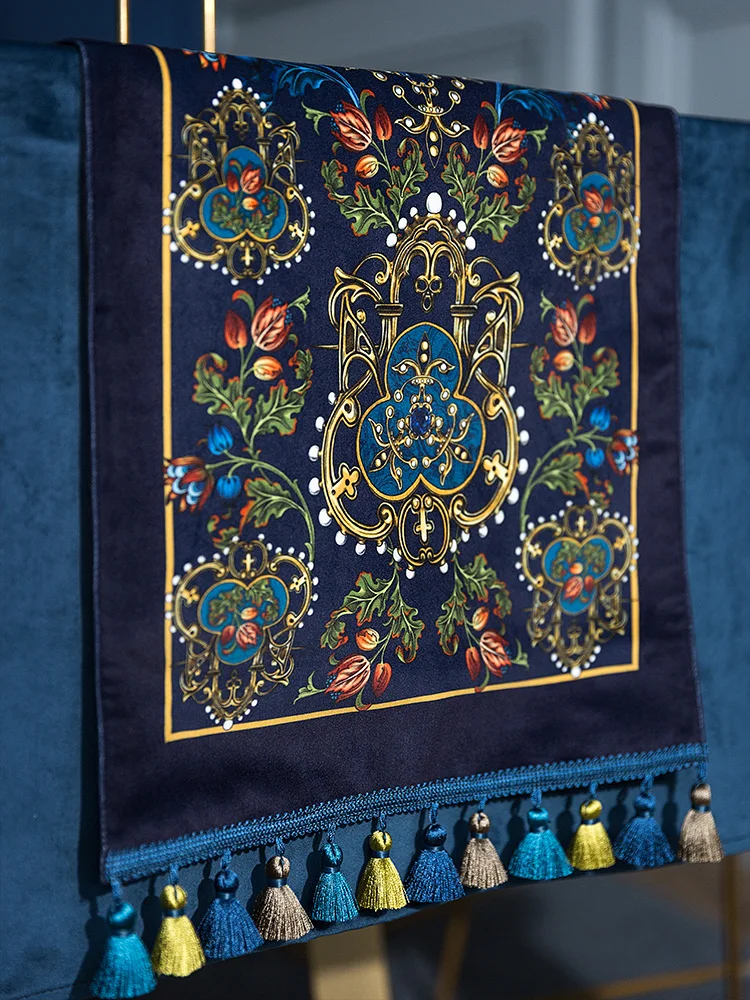 Deluxe Velvet Table Runner with Tassel, Royal Blue, Red Birds, Vintage Tapestry, Kitchen Dining Dinner Cloth, Rectangle