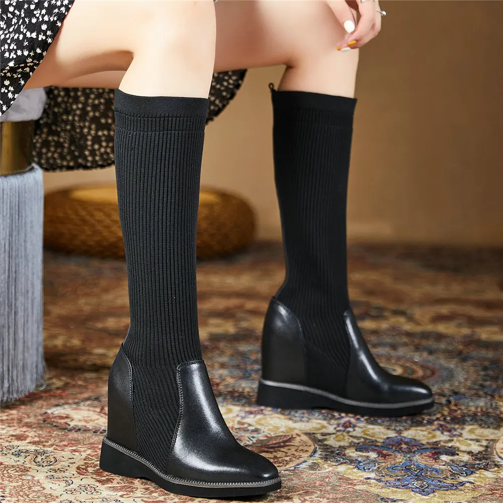 

Women Slip On Genuine Leather Wedges High Heel Knee High Boots Female Knitting Winter Warm Thigh High Pumps Shoes Casual Shoes