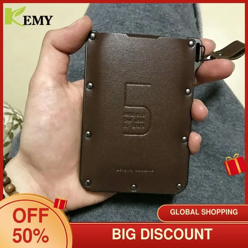 KEMY Men Genuine Leather Aluminum Card Wallet Slim Business Cardholder Wallet Vintage Smart Card Key Luxury Credit Card Holder