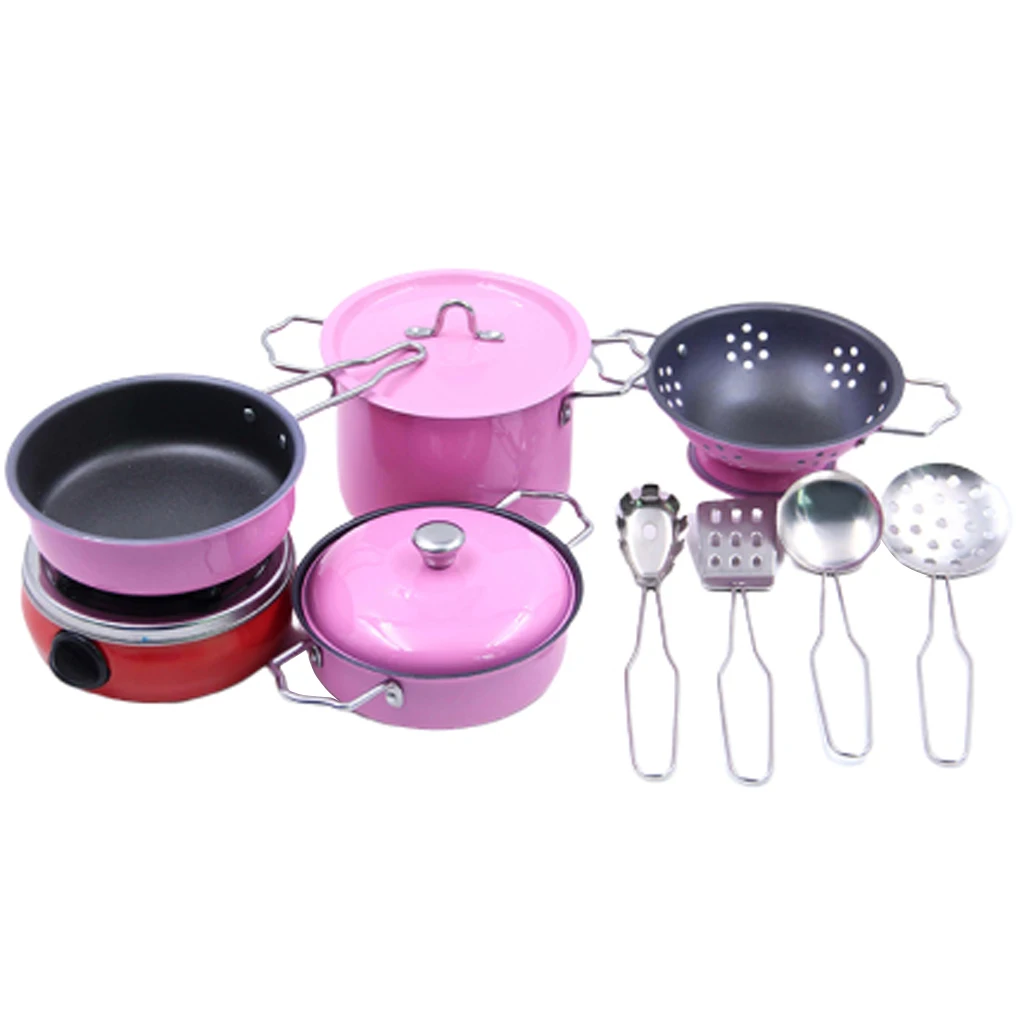 Rosa 11 stücke Kid Pretend Spielen Edelstahl Kochen Kochgeschirr Küche Spielzeug Set