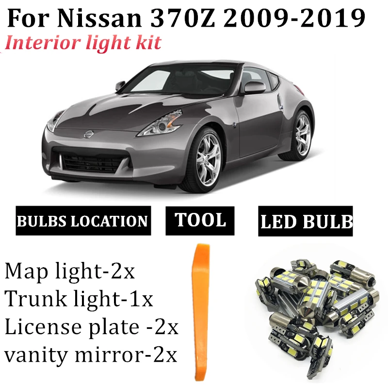 

7x Car Led Interior light Package Kit For 2009-2019 Nissan 370Z Map Trunk /Cargo Area License Plate Lights Car-Styling T10 LED