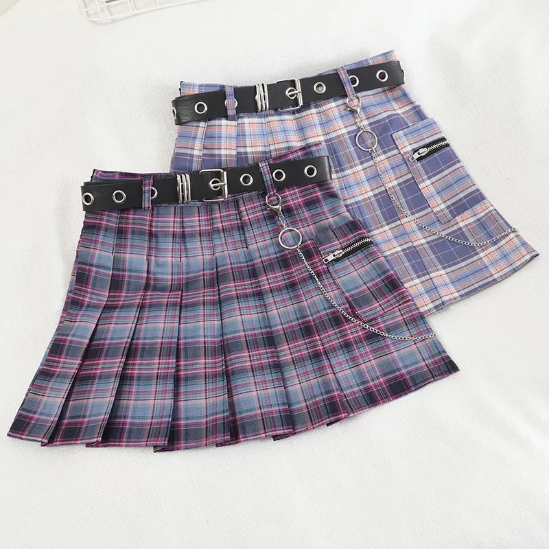 With Belt Chain Pocket Pleated Skirt Japanese Spring Summer Women A-Line Short Plaid Skirt Ladies High Waist Black Mini Skirt