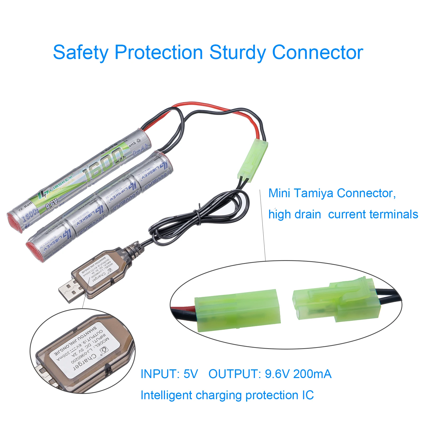 2pcs Lismkey 8S 2/3A 9.6v 1600mAh Butterfly NunChuck NIMH Battery Pack with Mini Tamiya  for Airsoft Guns  ICS CA TM SRC JG