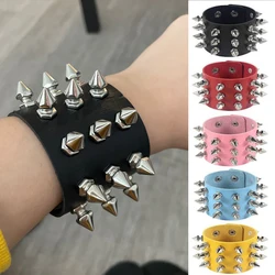 Punk Three Row Cuspidal Spikes Rivet Stud Wide Leather Cuff Bracelet Wristbands Rock Unisex Bangle Bracelets Gothic Men Jewelry