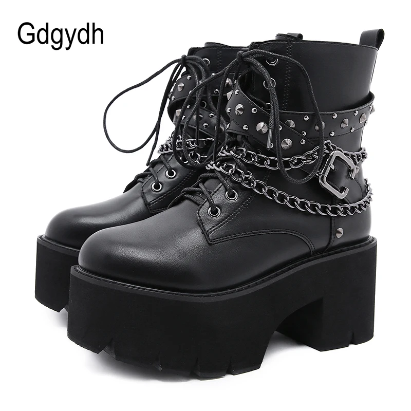 Gdgydh 2022 Gothic Black Ankle Boots For Women Plus High Heel Female Shoes Lace-Up Nigh Club Black Sexy Rivets Chain Short Boots