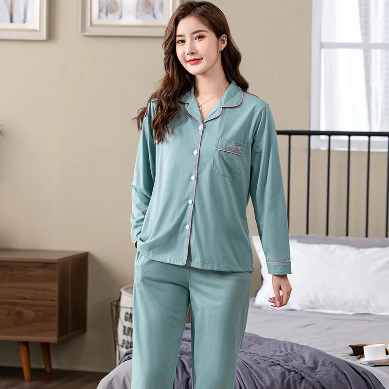 Female Pajamas Set Nightwear Spring Knit Cotton Long-sleeve Sleepwear Sets Solid Color Pyjamas Sets Pajamas Casual Homewear