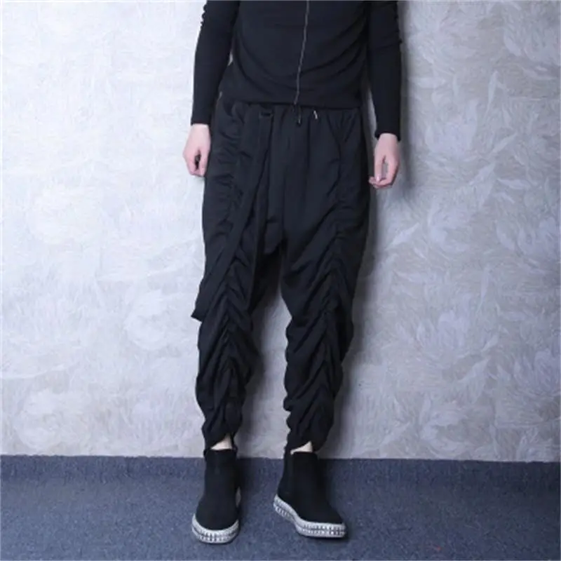 Fall fashion men small feet Harem pants fashion brand original show personality pleated waist belt adornment leg pants men