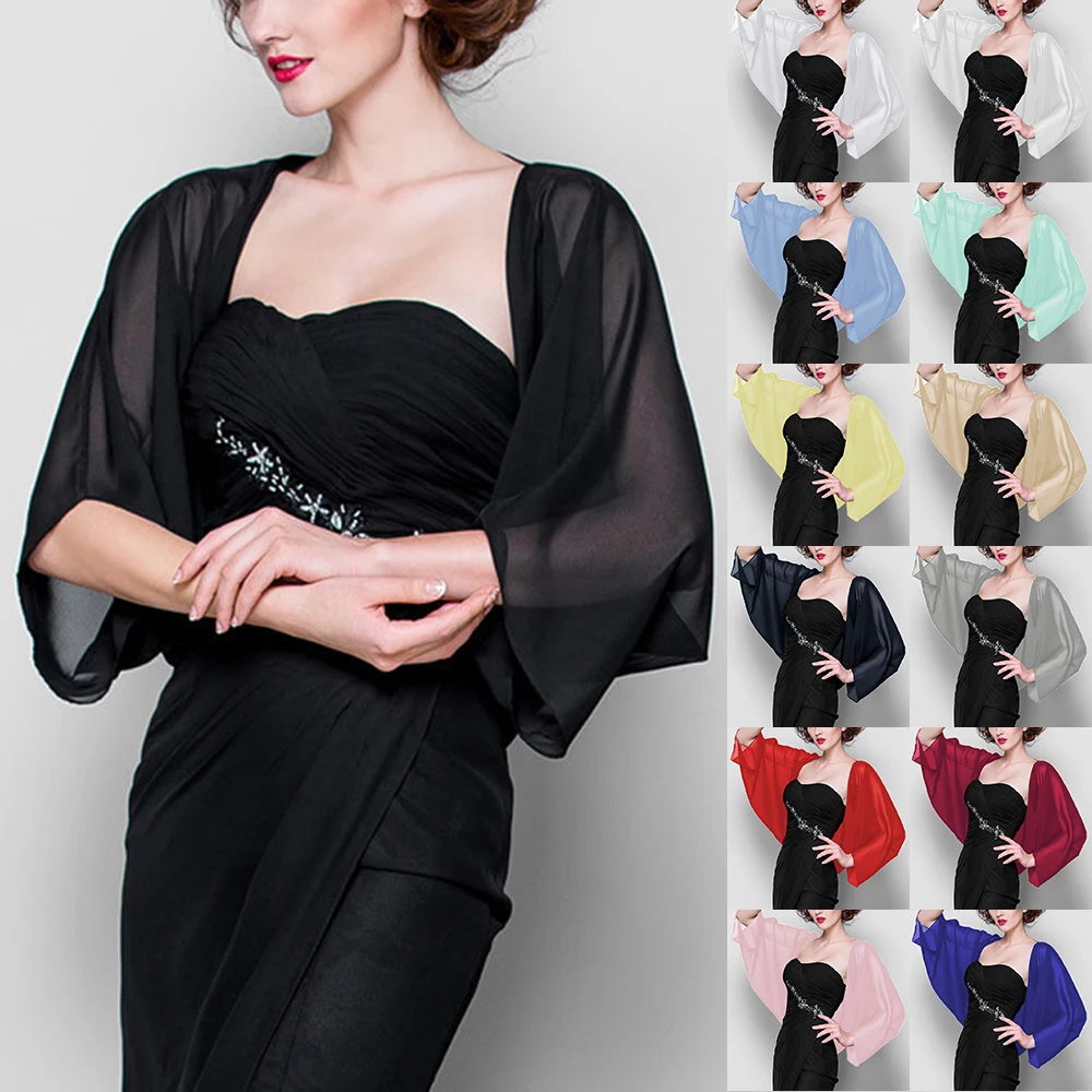 Women Chiffon Bolero Prom Party Illusion Shrug Elegant Soft Wedding Bridal Cape Female Evening Shawl Black Red White