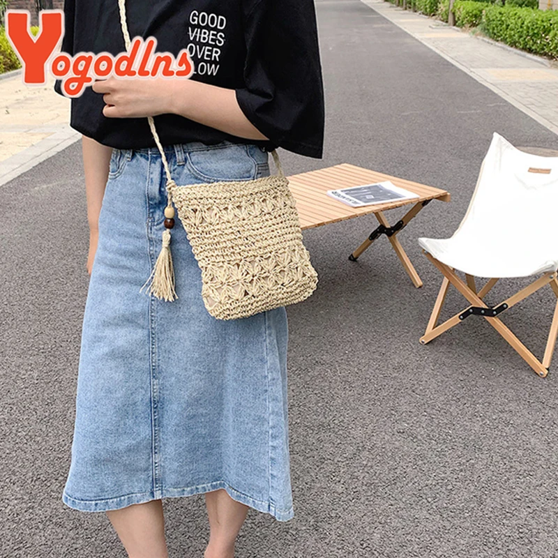 Yogodlns Bohemian Straw Bag Women Casual Travel Beach Bags Fashion Handmade Shoulder Bag Kintted Crossbody Bag Tassel Handbag