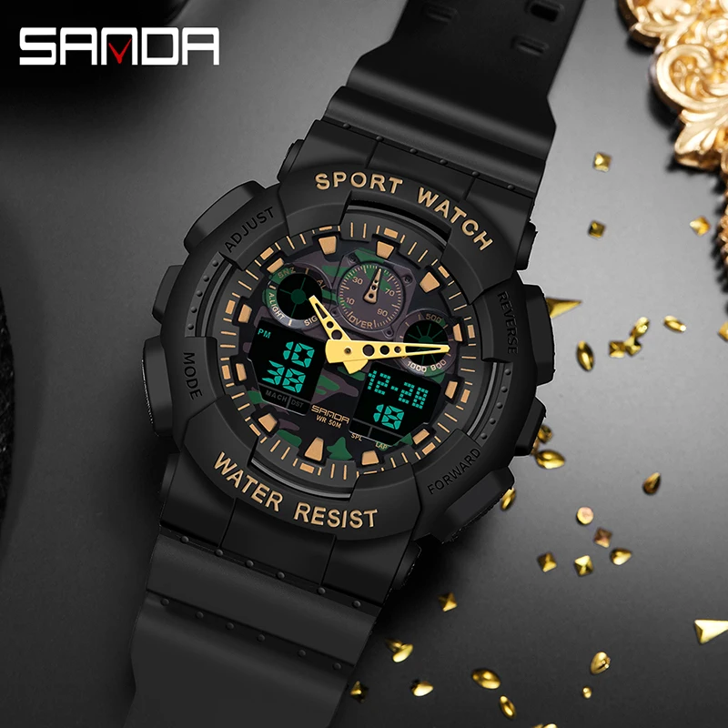 SANDA Sport Watch Dual Time Men Watches 50m Waterproof Male Clock Military Watches for Men Shock Resisitant Sport Watches Gifts