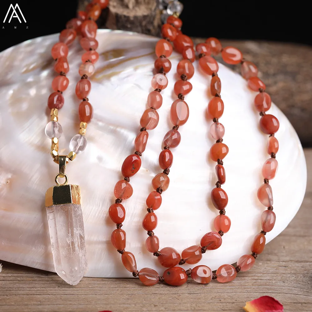 Natural White Quartz Freeform Point Pendant Red Agates Irregular Chip Beads Cord Knotted Necklace Handmade Mala Yoga Jewelry