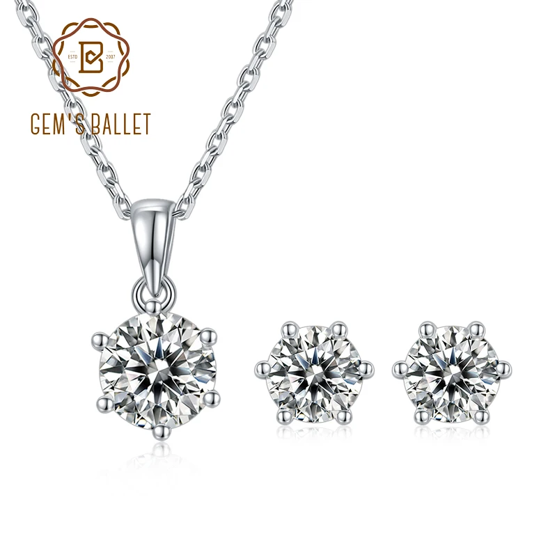 GEM'S BALLET 925 Sterling Silver Moissanite Diamond Pendant Necklace Earrings Set 6 prong Round Moissanite Classic Jewelry Set