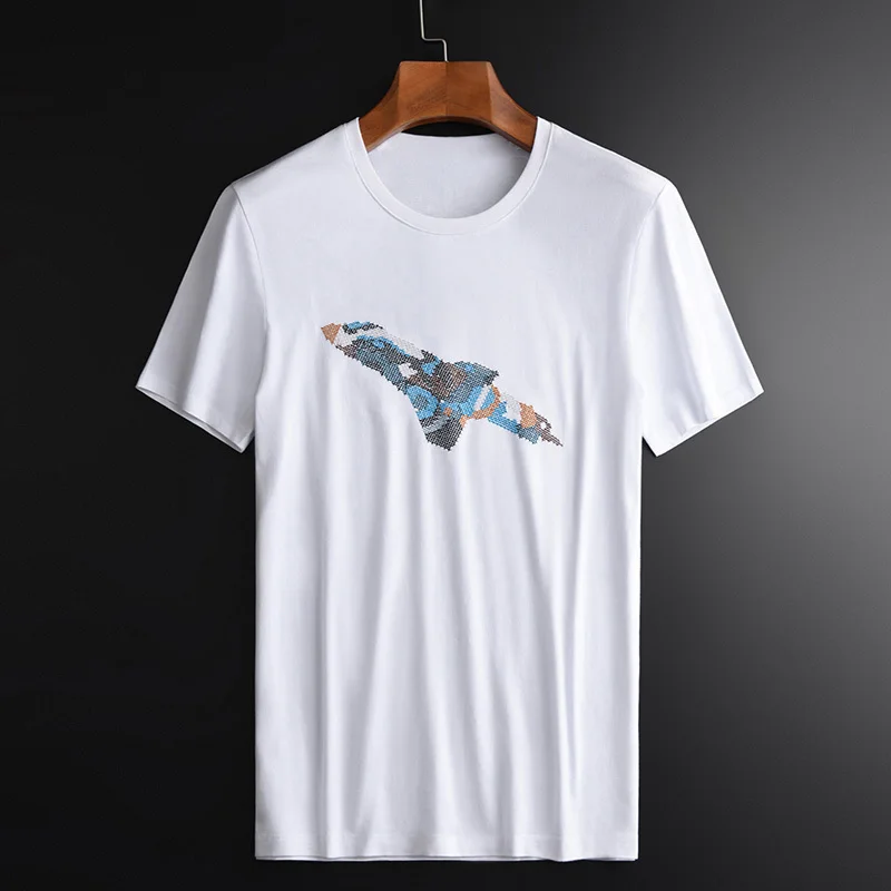 100% Cotton Luxury Embroidery Short Sleeve Man T-shirts Plus Size 3XL 4XL Slim Fit Black White Mens T-shirt