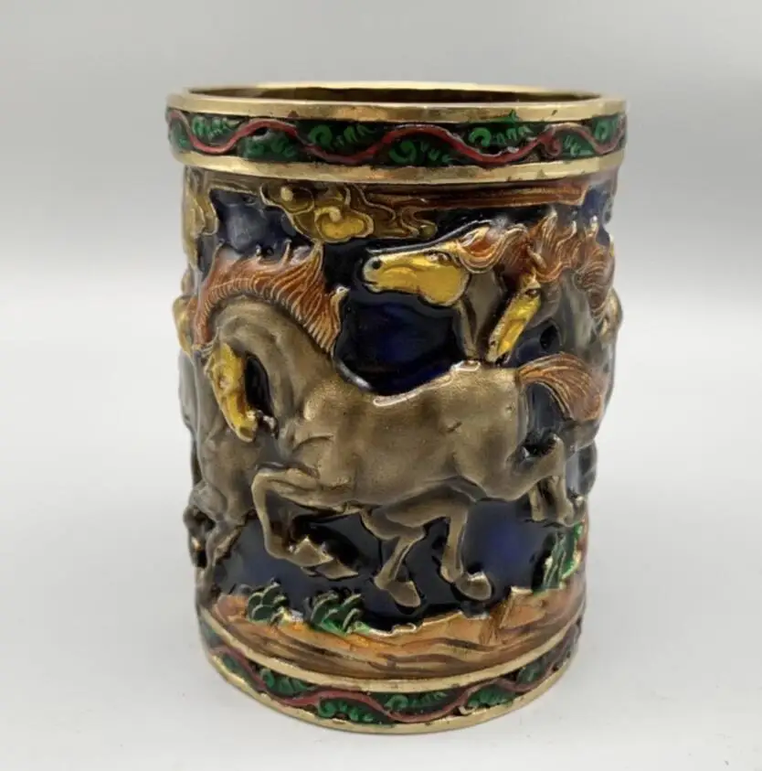 

Archaize brass cloisonne eight horse Pen holder crafts statue