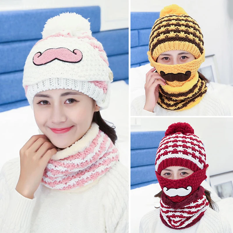 Winter Scarf Set 3PCS/Set Thickend Knitted Hat Scarf Face Cover Outdoor For Women/Kids 2020 Winter Hat And Scarf For Women Girls