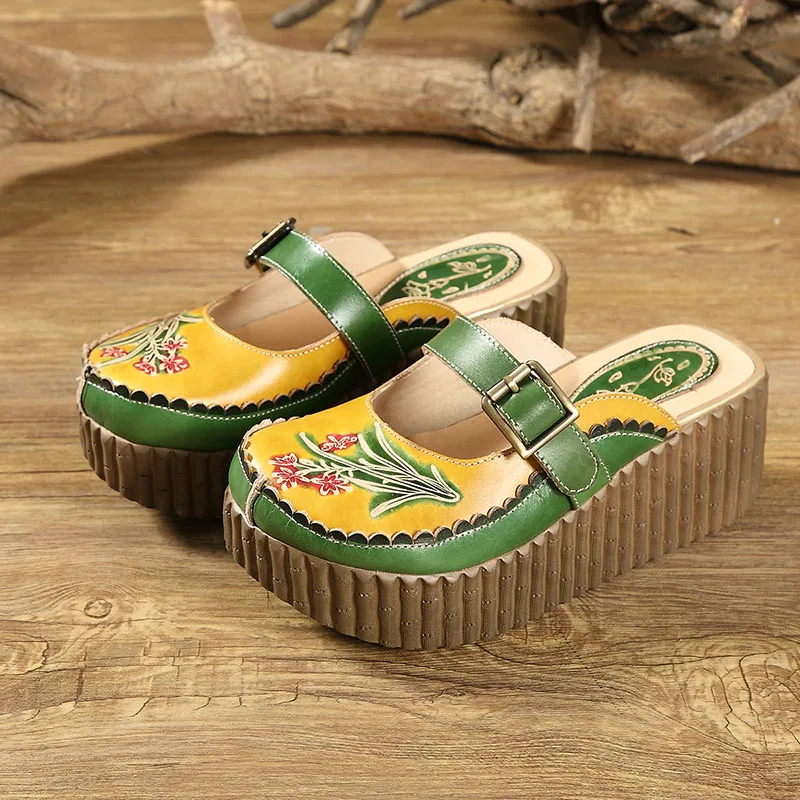 GKTINOO 2024 Wedge Slides Shoes Women Cover Toes Buckle Flower Cut Out Summer Female Genuine Leather Platform Slippers