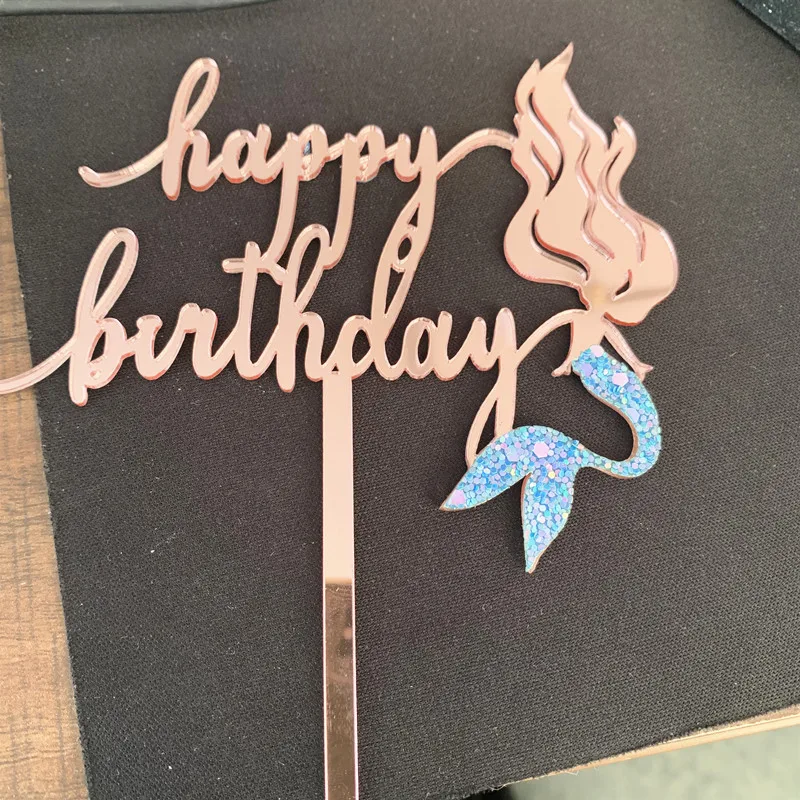 Glitter Mermaid Tail Happy Birthday Acrylic Cake Topper Gold Birthday Cupcake Topper for Girls Birthday Party Cake Decorations