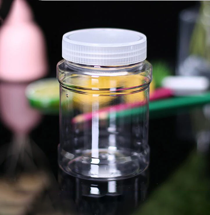 Frasco de 500 ml, botella de plástico transparente, cubierta de aluminio rosa, latas de miel y caramelo, embalaje de regalo