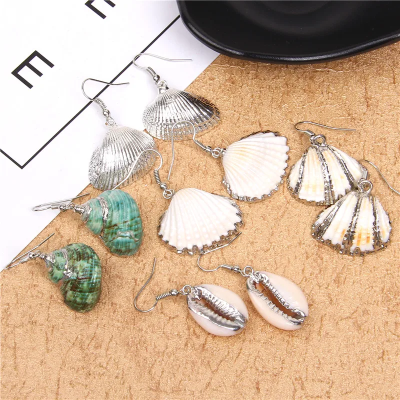 Natural Sea Shell Statement Conch Drop Earrings Beach Earrings Silver Color Hook Eardrops Women Cowrie Danglers Jewelry Gifts