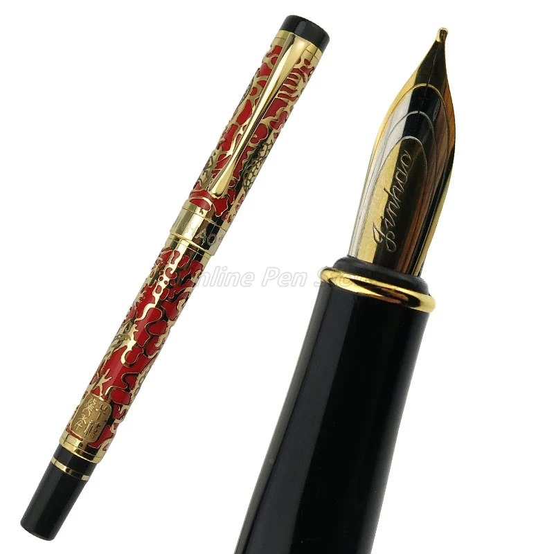 Jinhao 5000 Metal Dragon Texture Carving Red Barrel Fine Nib Fountain Pen Office School Writing Gift Pen Accessory