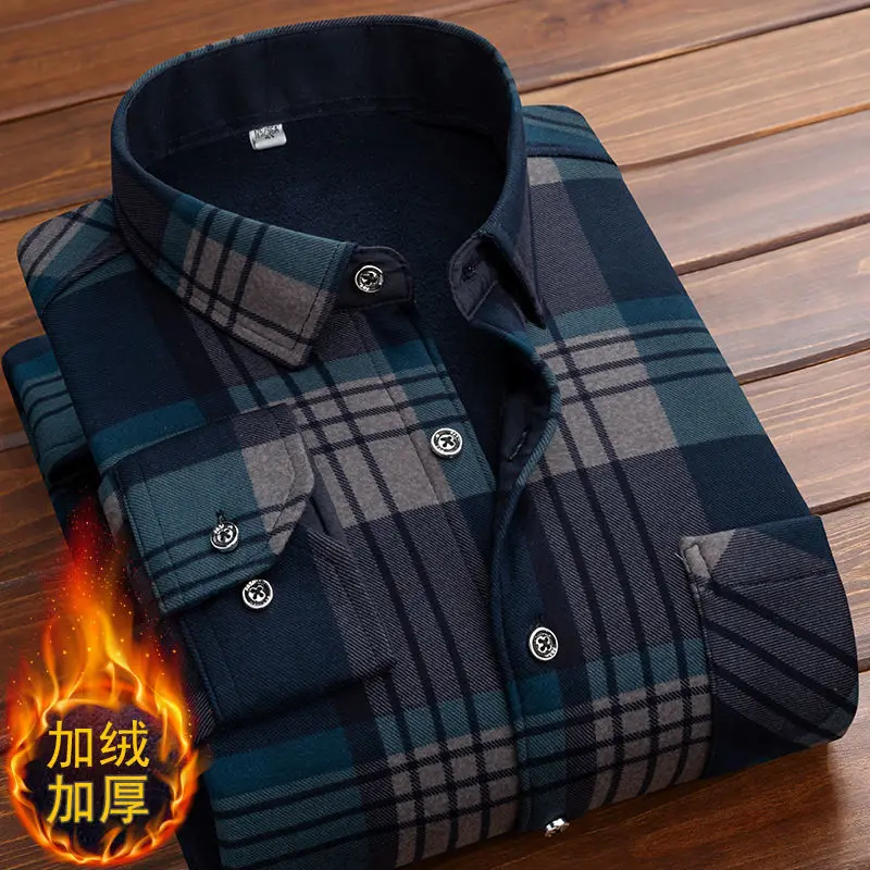 Men Fleece Shirt 2024 Autumn Winter Male Long Sleeve Plaid Shirt Thick Fleece Lined Soft Casual Flannel Warm Dress Shirt L-5XL