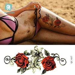 Rocooart-pegatinas de tatuaje de transferencia de agua para mujer, joyería de flor rosa, arte en el pecho, tatuaje temporal, pulsera de cintura para chica, tatuajes Flash