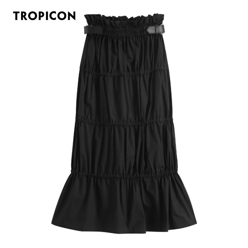 

TROPICON Desinger High Waisted Skirts Womens 2021 Fall Fashion Drawstring Ruched Long Midi Goth Skirt With Leather Belt Clothing