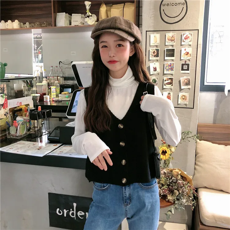 Vintage Sweater Vest Spring Autumn Winter V Neck Sleeveless Knitted Top Korean Ladies Girls Black White Green Red Yellow Vest