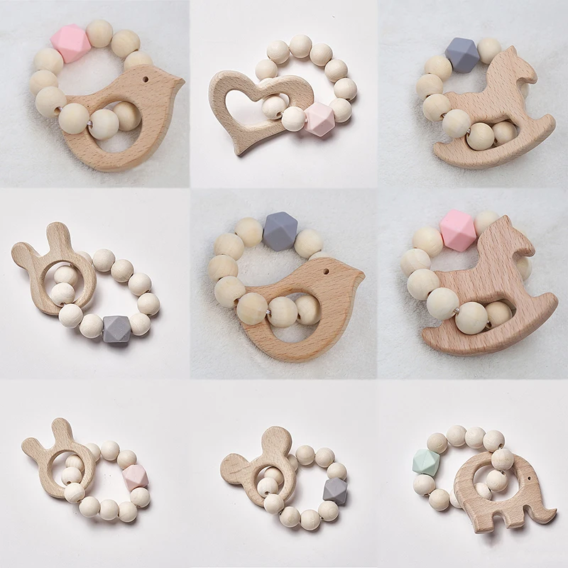 12# Wooden Rattle Beech Bear Hand Teething Ring Baby Rattles Play Stroller Toy For Baby Rattle