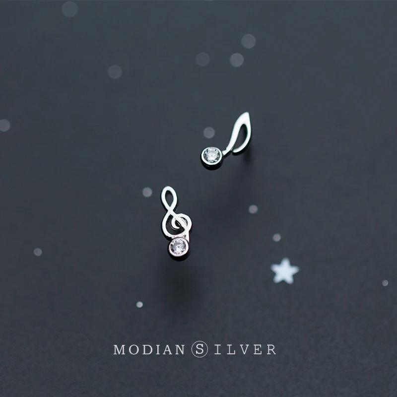 Modian Real 925 Sterling Silver Luminous CZ Cute Musical Note Asymmetry Stud Earring for Women Anti-Allergy Ear Pin Fine Jewelry