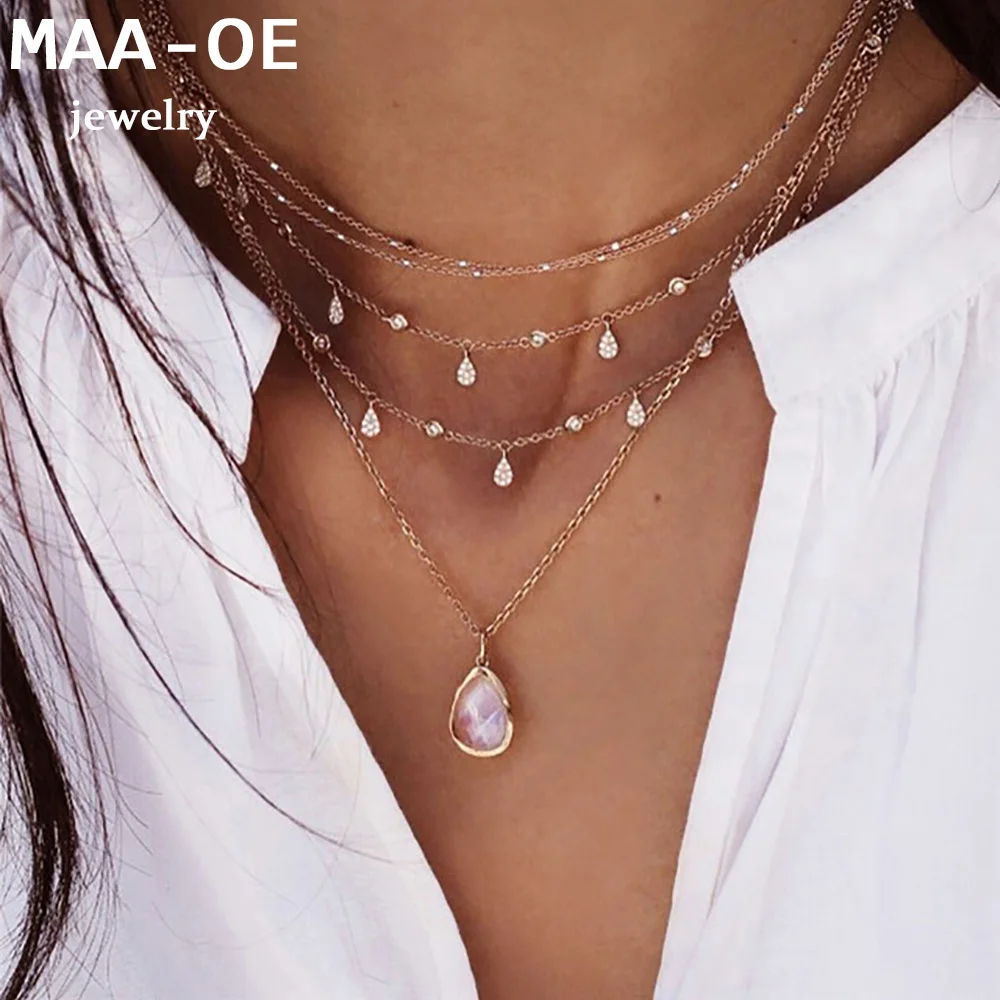 2020 Gold-plate Water Drop Crystal Opal Pendant Necklaces For Women Necklace New Multi Level Female Boho Vintage Jewelry Gift