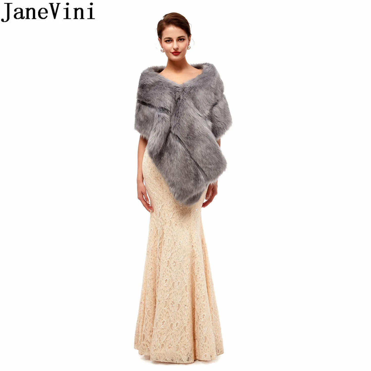 Janevini elegante cinza pele nupcial bolero festa de casamento wrap falso peles stoles mulheres jaqueta noiva xale capes etole mariage