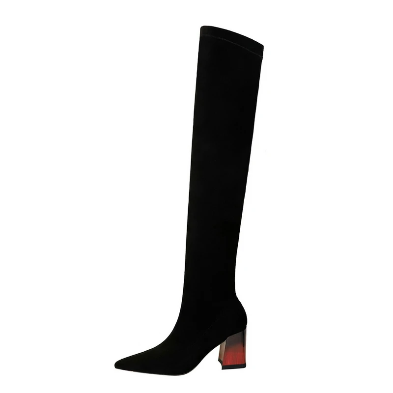 UMMEWALO Over The Knee High Heels Flock Boots Women Fashion Sexy High Heel Winter Boots Ladies Shoes